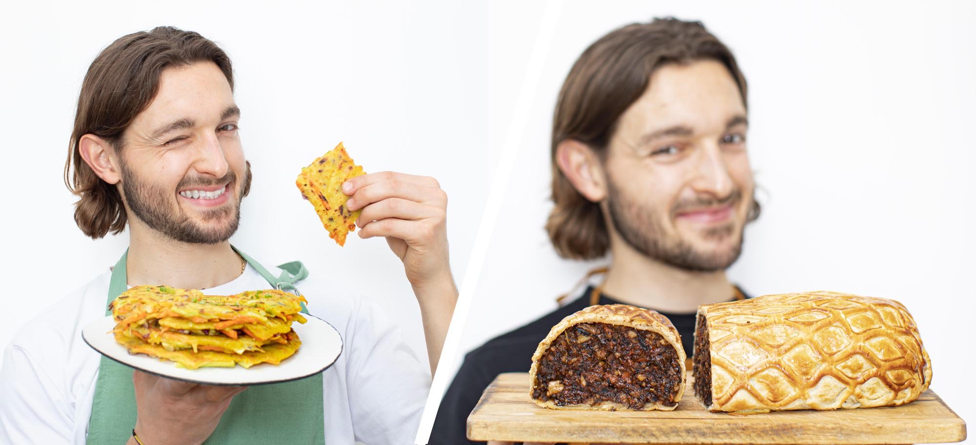 The Chef Tomy pose avec des plats vegan qu'il a cuisinés