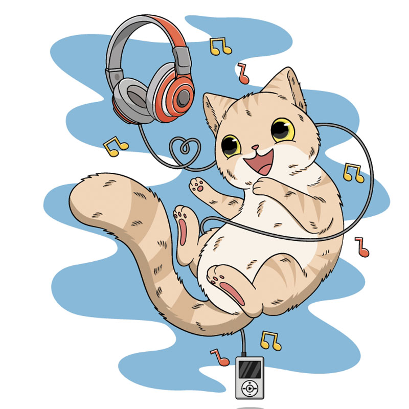 Dessin de chat qui joue avec un casque audio